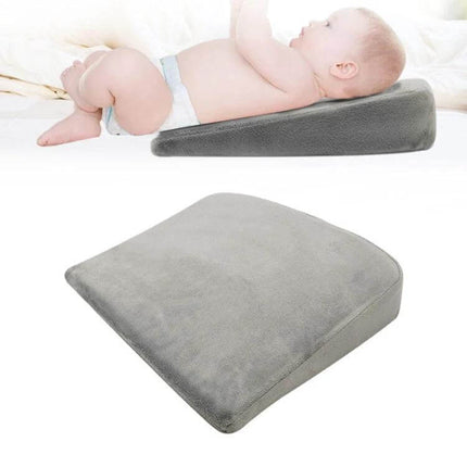 Memory Foam Infant Nursing Pillow Crystal Soft Gray showing baby on angled support and square gray pillow for feeding and positioning
