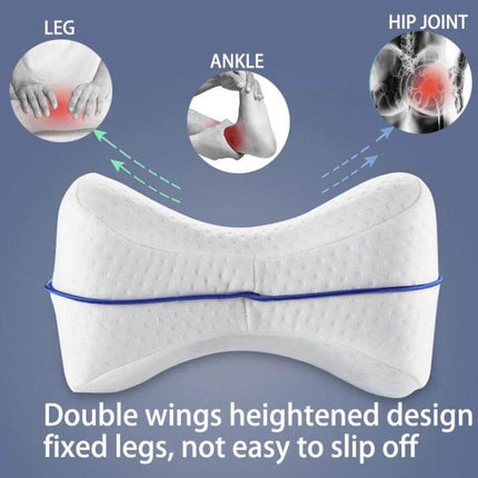 Memory Foam Leg Pillow With Double Inner Groove For Orthopedic Support - white orthopedic knee pillow showing double groove and double wings design