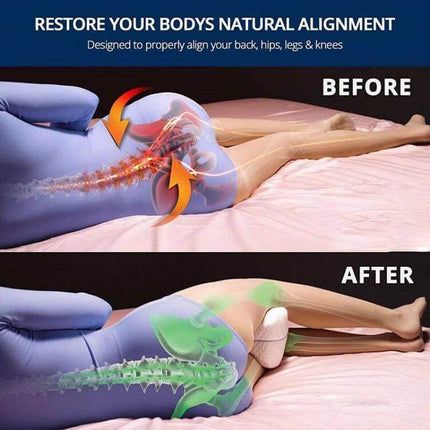 Memory Foam Leg Pillow With Double Inner Groove For Orthopedic Support showing before-and-after spine alignment for side sleepers relieving hip and knee pressure