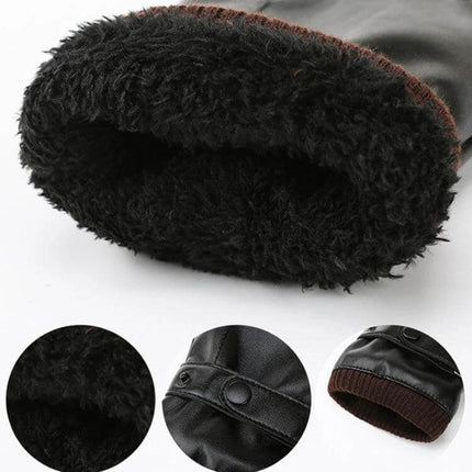 Men Windproof PU Riding Gloves for Cold Winter Weather - close-up of thick velvet lining, windproof PU shell and buttoned cuff