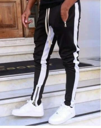 Men's Cotton Joggers for Everyday Casual Wear and Comfort in black with white side stripes, zip pockets and drawstring waist