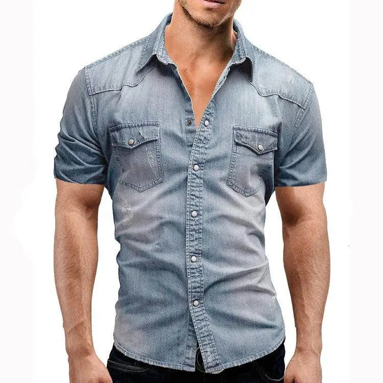 Men's Slim Fit Cowboy Short Sleeve Fashion Shirt for Casual Wear