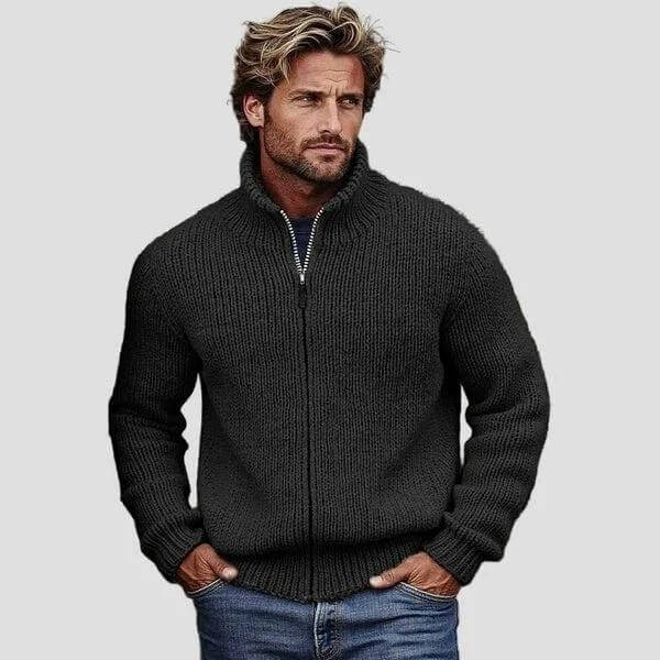 Men's Zip-Up Hoodie Solid Color for Everyday Wear Casual - charcoal full-zip polyester hoodie on male model, casual outfit with jeans