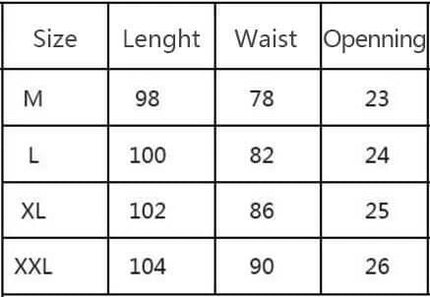 Men's Casual Cotton-Blend Leggings for Everyday Comfort size chart showing M-L-XL-XXL with length, waist and opening measurements