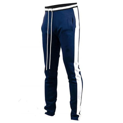Men's Casual Cotton-Blend Leggings for Everyday Comfort navy track leggings with white side stripe, drawstring waist and slim fit