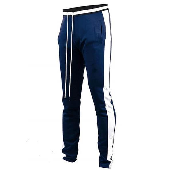 Men's Casual Cotton-Blend Leggings for Everyday Comfort navy track leggings with white side stripe, drawstring waist and slim fit