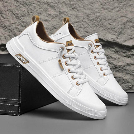 Mens Casual Sneakers Plus Size Soft Bottom Low Top in white low-top sneakers with breathable mesh lining and stitched detail