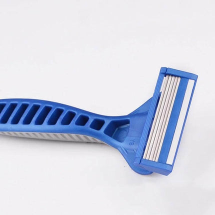 Men's Five-Layer Stainless Steel Disposable Razor For Daily Shaving - blue rubber-grip handle close-up showing five-layer stainless steel blades