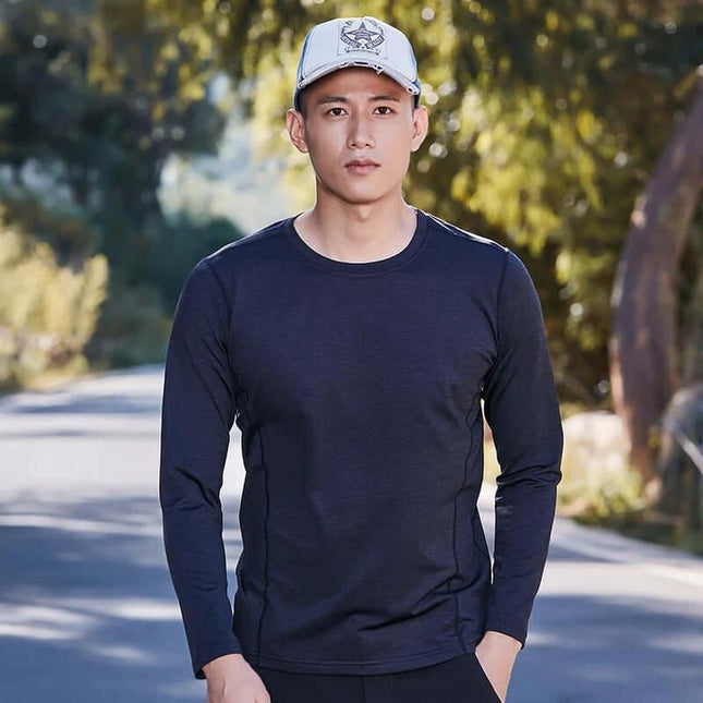Men's Long Sleeve Quick Dry Running Shirt Slim Fit Plus Sizes in navy worn by model outdoors, slim cut polyester top for running and gym