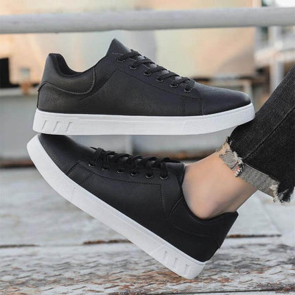 Men's Low-Top Lace Up Casual Shoes For Everyday Wear in black with white sole, PU upper, mesh lining, comfy casual styling for jeans