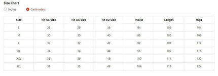 Men's Slim Fit Business Casual Trousers With Zipper Pocket In Black Khaki Size Chart Showing Measurements For Waist Length And Hips