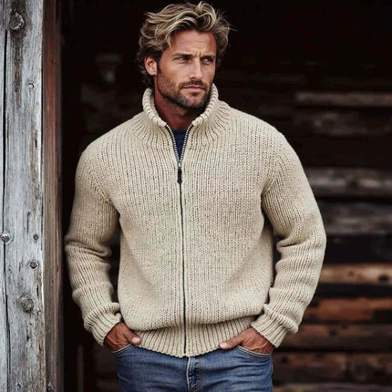 Men's Zip-Up Hoodie Solid Color for Everyday Wear Casual model wearing beige full-zip knit hoodie with jeans, casual layered outfit