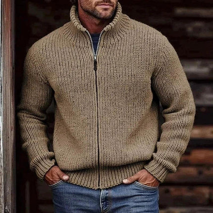 Men's Zip-Up Hoodie Solid Color for Everyday Wear Casual in tan knit full-zip on model paired with jeans