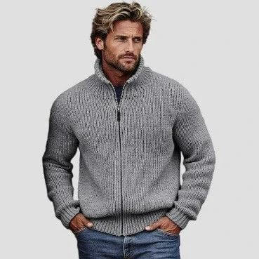 Men's Zip-Up Hoodie Solid Color for Everyday Wear Casual model wearing gray full-zip polyester hoodie with jeans