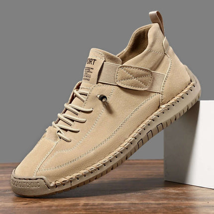 Mens Mid Top Casual Shoes Breathable Outdoor Comfort in tan cowhide with lace-up mid-top, sewn rubber sole and ankle support