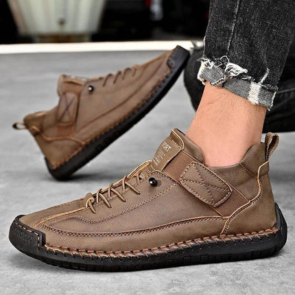 Mens Mid Top Casual Shoes Breathable Outdoor Comfort - brown cowhide mid-top lace-up shoes with sewn rubber sole