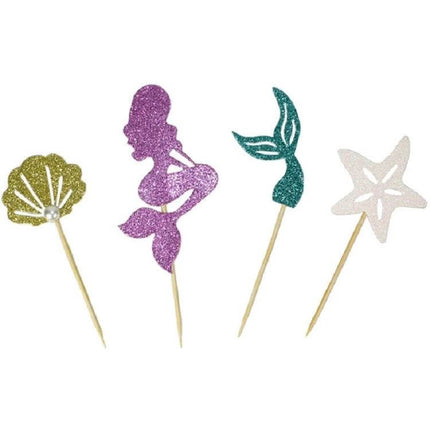 Mermaid Princess Cupcake Insert Cards Set For Parties 24 Pieces - glitter mermaid, tail, shell, starfish cupcake toppers on toothpicks