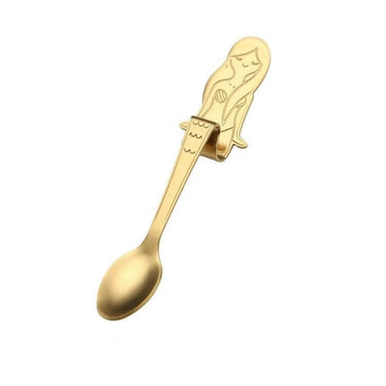Mermaid Shape Coffee Spoon Stainless Steel For Everyday Use - 12.5cm gold mermaid motif stirring spoon, 304 stainless steel, smooth sanded finish