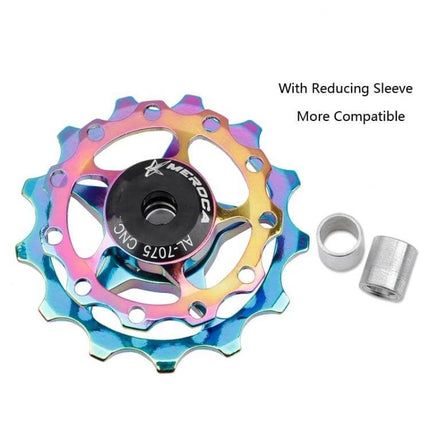 MEROCA Rear Derailleur Guide Wheel 11T/13T For Mountain and Road Bikes - iridescent aluminum alloy replacement pulley with reducing sleeve