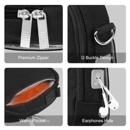 Messenger Shoulder Small Bag With Hand Warmer For Cold Days black canvas close-up showing zipper D buckle warm pocket and earphones hole