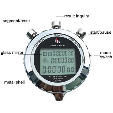 Metal Stopwatch With 3 Row Display For Running Training showing stainless steel shell, 3-row HD LCD, lanyard and labeled buttons