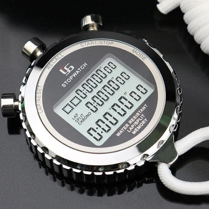 Metal Stopwatch With 3 Row Display For Running Training showing stainless steel case, 3-row high-definition screen and attached white lanyard