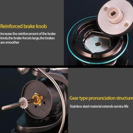 Metal Spinning Wheel With EVA Grip For Fishing Line showing reinforced brake knob, stainless steel rack and brass spindle close-up