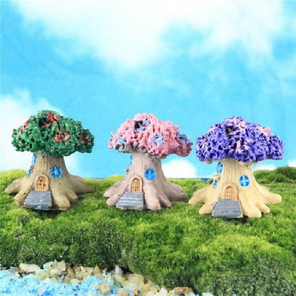Micro Landscape Flower Pot Decoration Desktop 3x2x4 Cm - three painted resin mini tree-house pots for desk with tiny moss and artificial plants