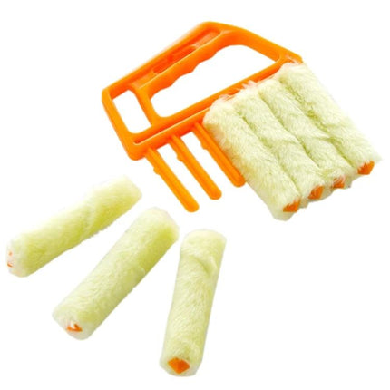 Microfiber Blinds Cleaning Brush With Detachable Roller shown with orange handle and four replaceable microfiber roller heads for dusting blinds