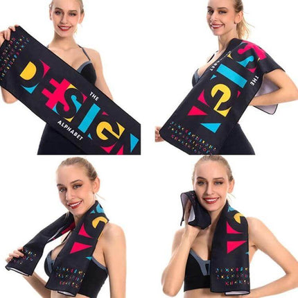 Microfiber Quick-Dry Double-Sided Sports Towel For Travel showing lightweight 100x30cm colorful design used by woman at gym and pool