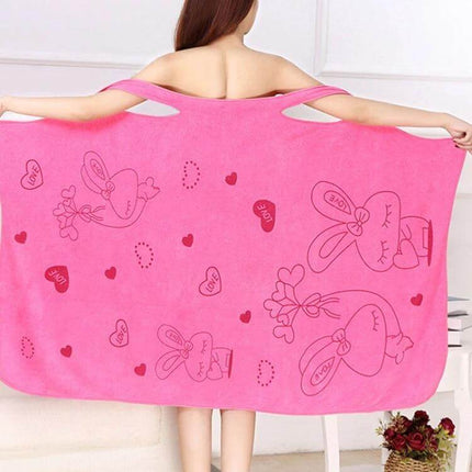 Microfiber Wearable Bath Towel 80x135cm Fast Drying - Pink wearable wrap towel with bunny print, hands-free post-shower gym pool travel