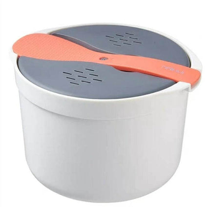 Microwave Rice Cooker 2L Steamer Pot For Easy Rice - compact white 2L microwave rice cooker with grey lid and orange serving spatula