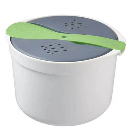 Microwave Rice Cooker 2L Steamer Pot For Easy Rice - white food-grade PP microwave rice cooker with grey vented lid and green spatula