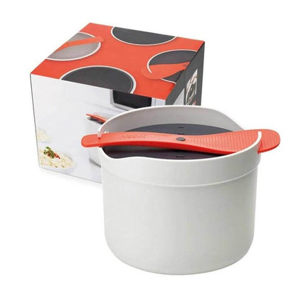 Microwave Rice Cooker 2L Steamer Pot For Easy Rice - compact 2L food-grade PP microwave rice cooker and steamer with lid and red spatula