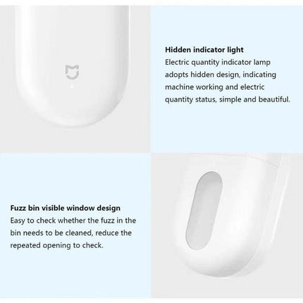 Mijia Mini Portable Lint Remover For Everyday Clothes Care showing hidden indicator light and fuzz bin visible window design, compact white lint shaver