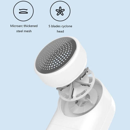 Mijia Mini Portable Lint Remover For Everyday Clothes Care - compact white battery lint shaver with 0.35mm micro-arc steel mesh and 5-blade cyclone head