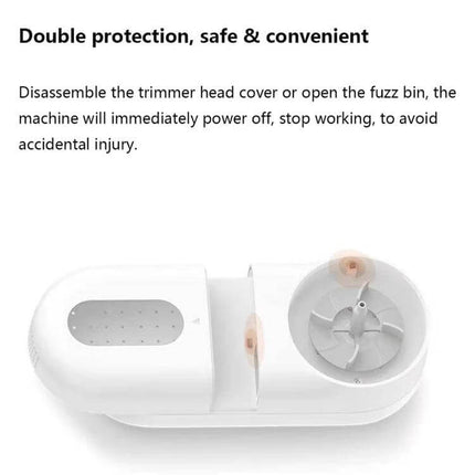Mijia Mini Portable Lint Remover For Everyday Clothes Care showing double protection safety feature with removable trimmer head and fuzz bin