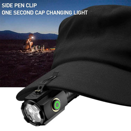 Mini 3 LED Flashlight Rechargeable for Everyday Use shown clipped to a hat, 8cm aluminum body, 2000 lumens, hands-free camping light