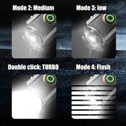 Mini 3 LED Flashlight Rechargeable for Everyday Use showing four modes: Medium, Low, Turbo (double click), and Flash with green power button