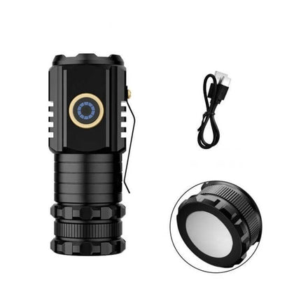 Mini 3 LED Flashlight Rechargeable for Everyday Use - compact 8cm aluminum alloy body, 3 P35 LEDs up to 2000 lumens, USB recharge, clip for hands-free use