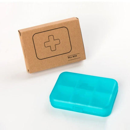Mini 6 Slot Portable Pill Organizer For Vitamins Daily Use - compact turquoise 6-compartment pill box with kraft packaging, fits purse or pocket
