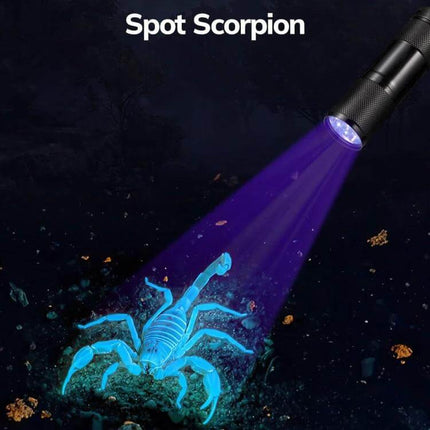 Mini 9-LED UV Flashlight For Fluorescent Agent And Banknote Inspection shown illuminating a glowing scorpion under 395 nm UV light