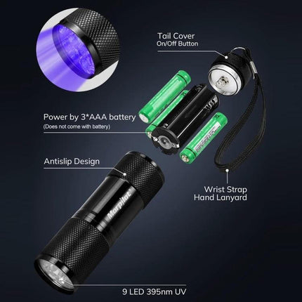 Mini 9-LED UV Flashlight For Fluorescent Agent And Banknote Inspection - compact aluminum 9-LED 395nm UV torch with AAA battery holder and wrist strap