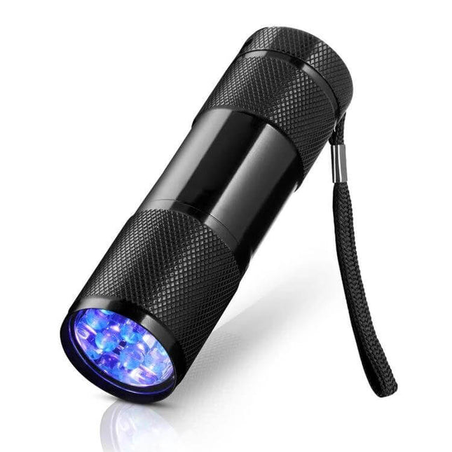 Mini 9-LED UV Flashlight For Fluorescent Agent And Banknote Inspection - compact black aluminum 9-LED 395nm UV torch with wrist strap