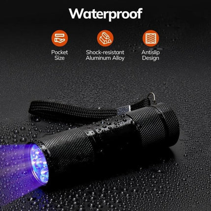 Mini 9-LED UV Flashlight For Fluorescent Agent And Banknote Inspection - compact waterproof aluminum 395nm UV torch with wrist strap