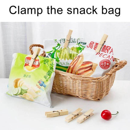 Mini Bamboo Clothes Pegs Pack For Laundry And Home Use holding snack bags and securing small household items in a wicker basket