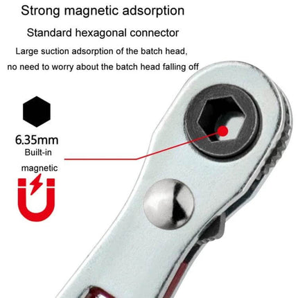 Mini Bi Directional Ratchet Screwdriver Wrench Flat Head For Home Repairs magnetic 6.35mm hex connector, compact ratchet for tight spaces, one-handed use