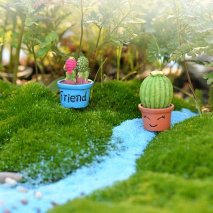 Mini Blue Potted Plant For Dollhouse Decor Tiny Home Scene - 1/12 scale blue pot on mossy miniature landscape with tiny cactus and friend pot