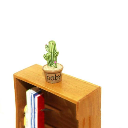 Mini Blue Potted Plant For Dollhouse Decor Tiny Home Scene - 1/12 scale blue pot cactus on miniature shelf, 2.2 x 3.3 cm tiny home decor