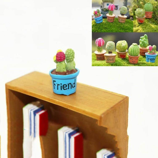 Mini Blue Potted Plant For Dollhouse Decor Tiny Home Scene - 1/12 scale blue clay pot with tiny cactus on bookshelf, ideal miniature greenery